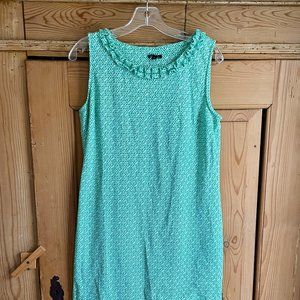 Talbots green & white jersey ruffle neck sleeveless sundress, size M